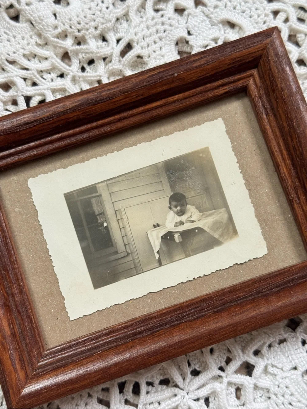 Vintage Framed Black & White Baby Photograph – Wood Tabletop Picture Frame